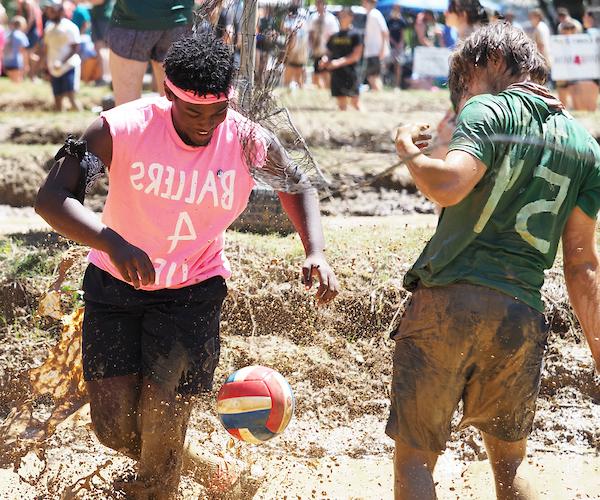 Two students facing off during oozeball.